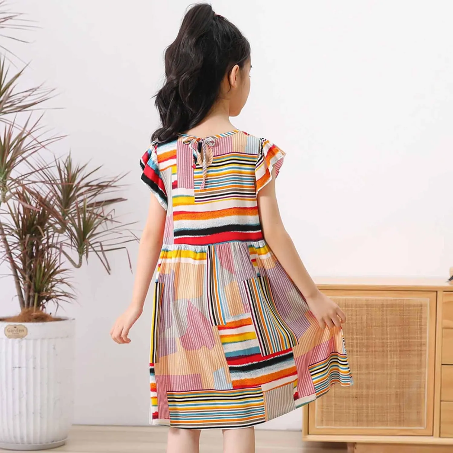 Girls Casual Dress Summer Floral Printed Ruffle Sleeve A Line Party Dress Round Neck Boho Dresses Size 3-14 Years