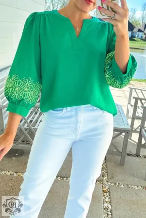 Green Contrast Floral Embroidered 3/4 Sleeve Notched V Neck Elegant Blouse