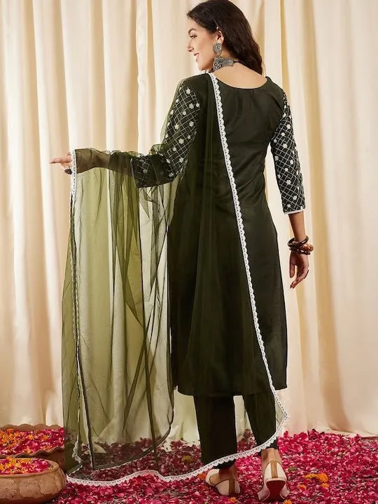 Green Floral Embroidered Kurta & Trousers With Dupatta