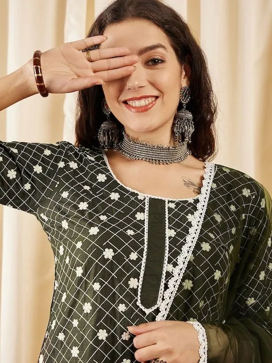 Green Floral Embroidered Kurta & Trousers With Dupatta