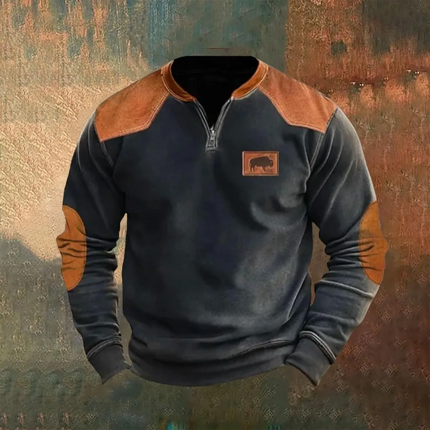 Half Zip Pullover Vintage Long Sleeve Sweatshirt Elbow Patch Sweatshirt Fashion Hoodless Western Top