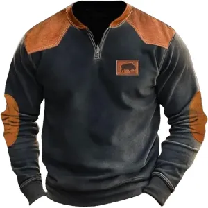 Half Zip Pullover Vintage Long Sleeve Sweatshirt Elbow Patch Sweatshirt Fashion Hoodless Western Top