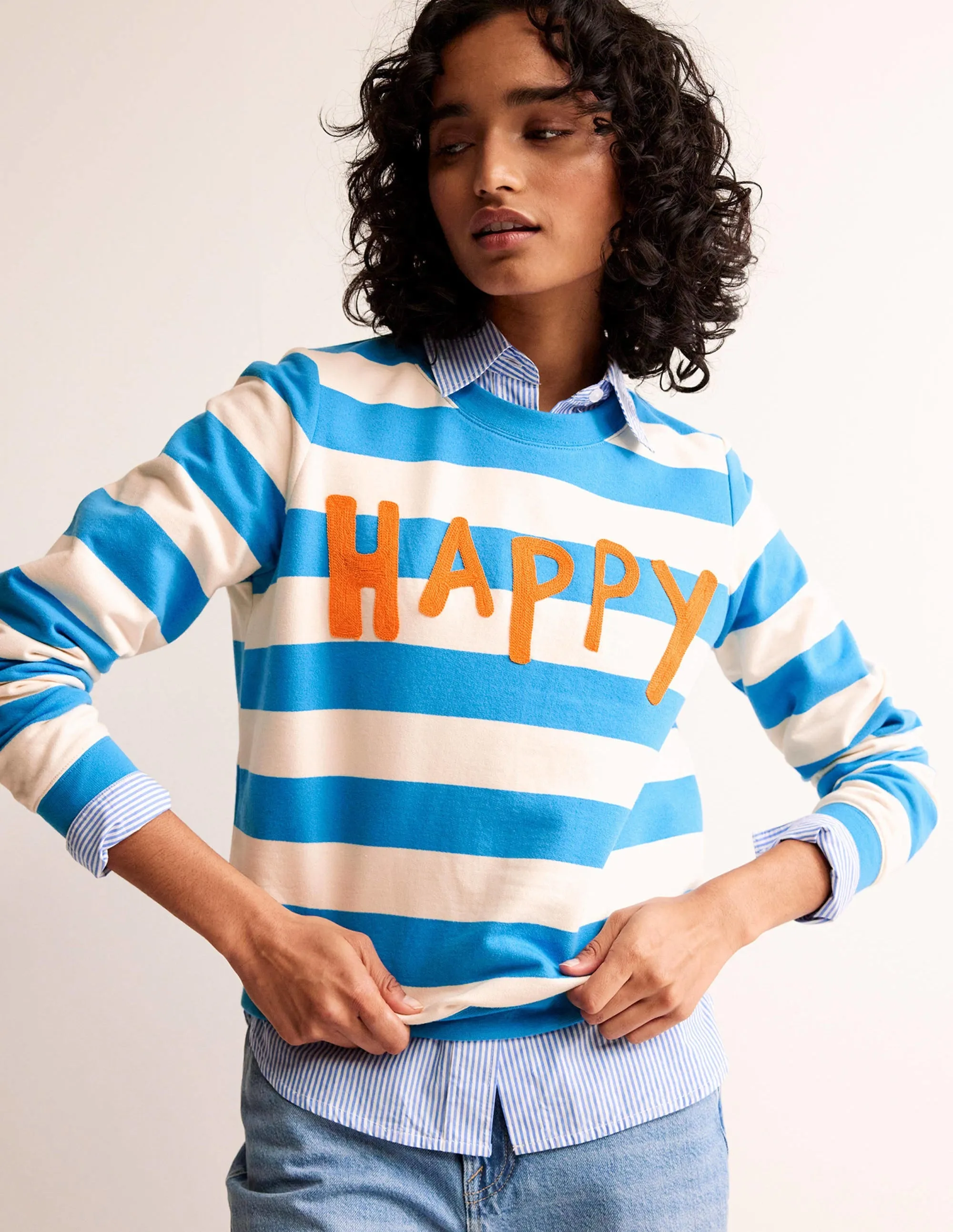 Hannah Embroidered Sweatshirt-Blue, Happy