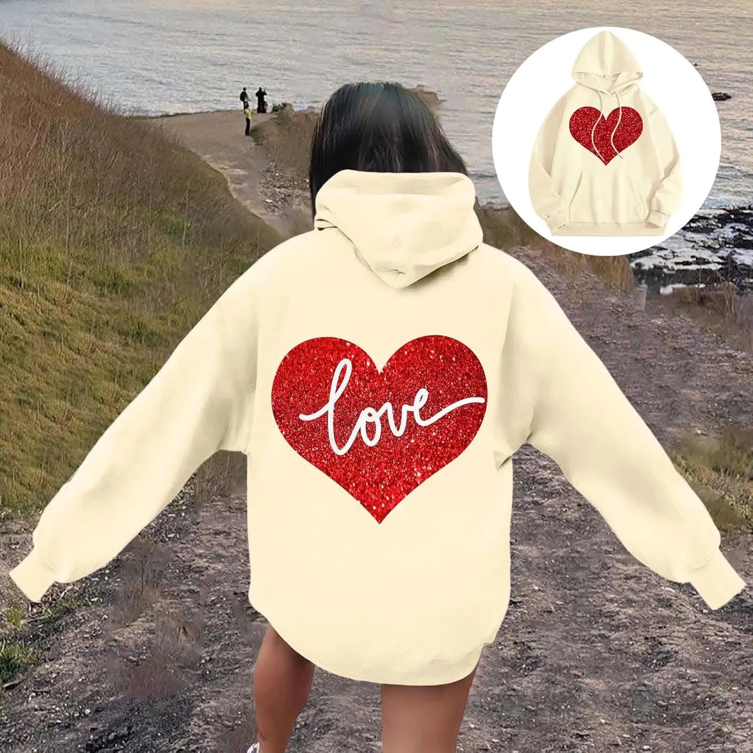 Hoodie Women Love Graphic Print Y2K Hoodies Oversized Casual Drawstring Long Sleeve Pullover Tops with Pockets