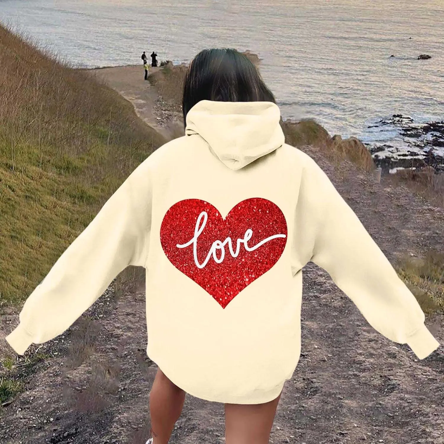 Hoodie Women Love Graphic Print Y2K Hoodies Oversized Casual Drawstring Long Sleeve Pullover Tops with Pockets