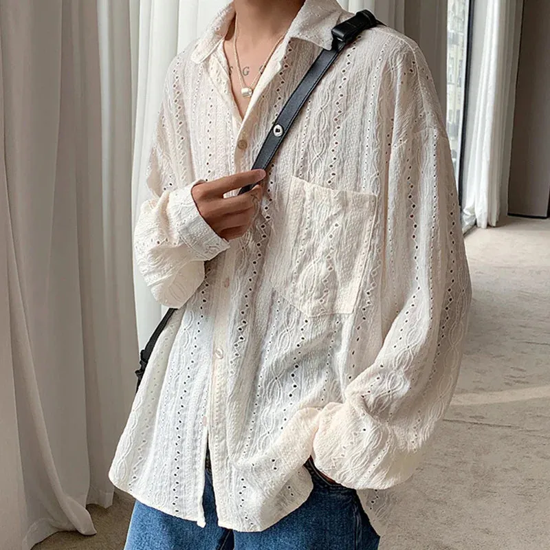 Jinquedai Men's Clothing Light Luxury Hollow Out Korean Popular Shirts Streetwear Long Sleeve Solid Color Retro Leisure Chic Blouse M-3XL