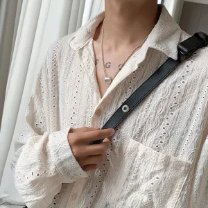 Jinquedai Men's Clothing Light Luxury Hollow Out Korean Popular Shirts Streetwear Long Sleeve Solid Color Retro Leisure Chic Blouse M-3XL
