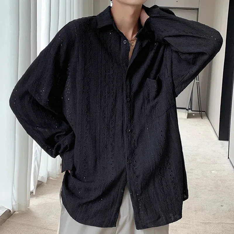 Jinquedai Men's Clothing Light Luxury Hollow Out Korean Popular Shirts Streetwear Long Sleeve Solid Color Retro Leisure Chic Blouse M-3XL