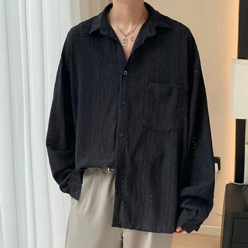 Jinquedai Men's Clothing Light Luxury Hollow Out Korean Popular Shirts Streetwear Long Sleeve Solid Color Retro Leisure Chic Blouse M-3XL