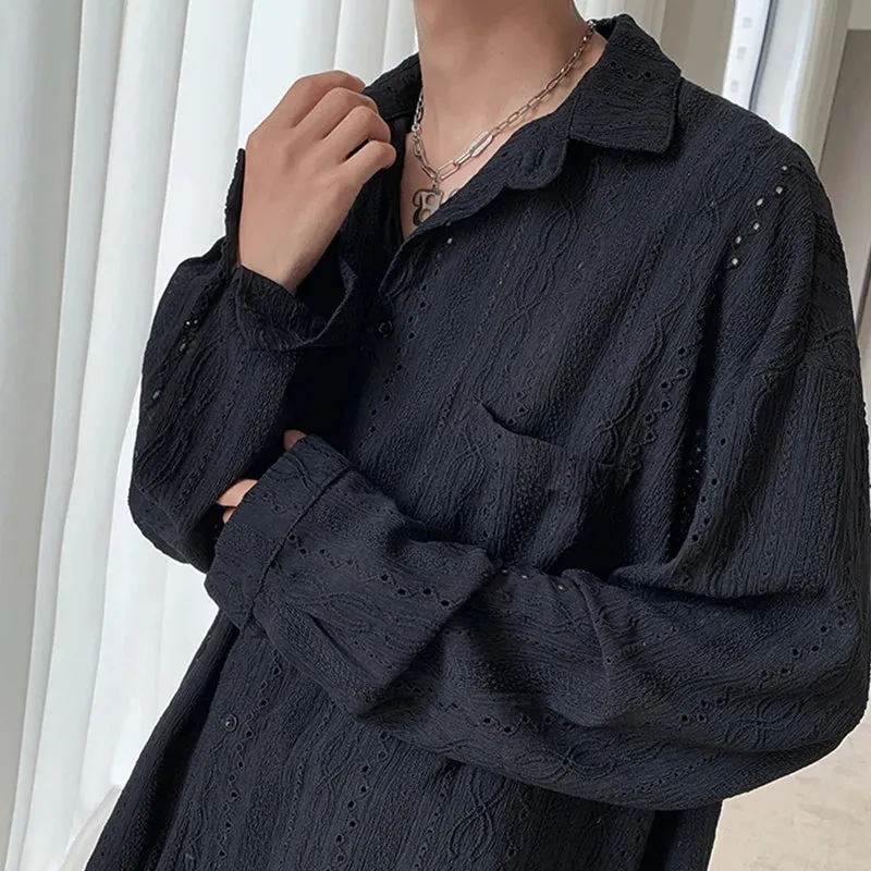 Jinquedai Men's Clothing Light Luxury Hollow Out Korean Popular Shirts Streetwear Long Sleeve Solid Color Retro Leisure Chic Blouse M-3XL