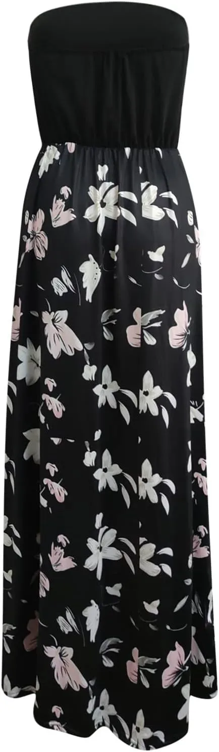 Lpmadey Women's 2024 Summer Bohemian Floral Printed Strapless Beach Party Long Maxi Dress Bandeau Sundress with Pockets