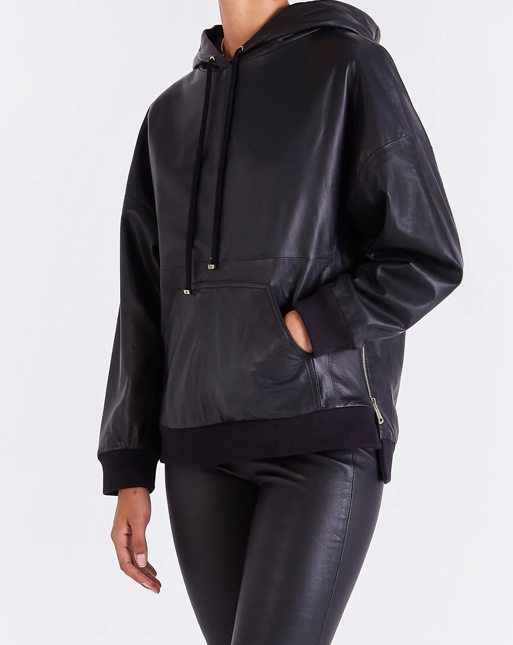 Marine LEATHER SOFT LINED HOODIE - BLACK