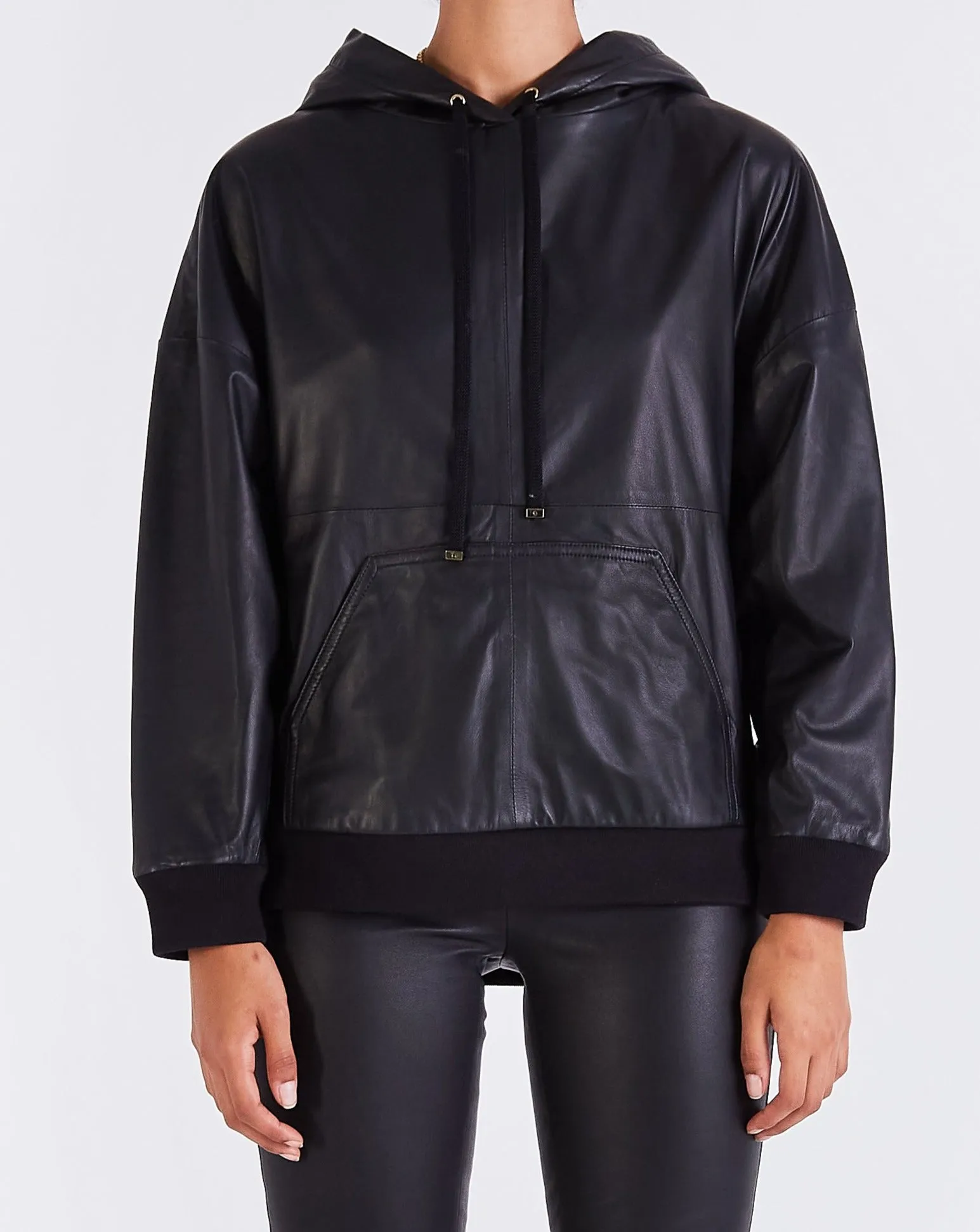 Marine LEATHER SOFT LINED HOODIE - BLACK
