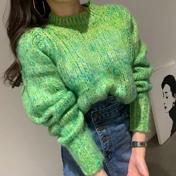 Mink cashmere Fashion Women Knitted Loose Pullovers Autumn Winter Green Hit Color Mohair Soft Warm Thick Sweater Jumper