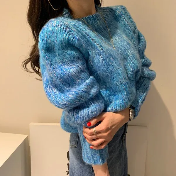 Mink cashmere Fashion Women Knitted Loose Pullovers Autumn Winter Green Hit Color Mohair Soft Warm Thick Sweater Jumper