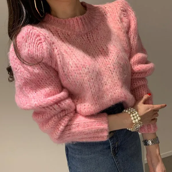 Mink cashmere Fashion Women Knitted Loose Pullovers Autumn Winter Green Hit Color Mohair Soft Warm Thick Sweater Jumper