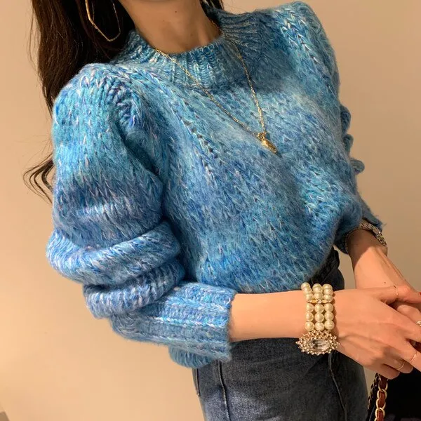 Mink cashmere Fashion Women Knitted Loose Pullovers Autumn Winter Green Hit Color Mohair Soft Warm Thick Sweater Jumper