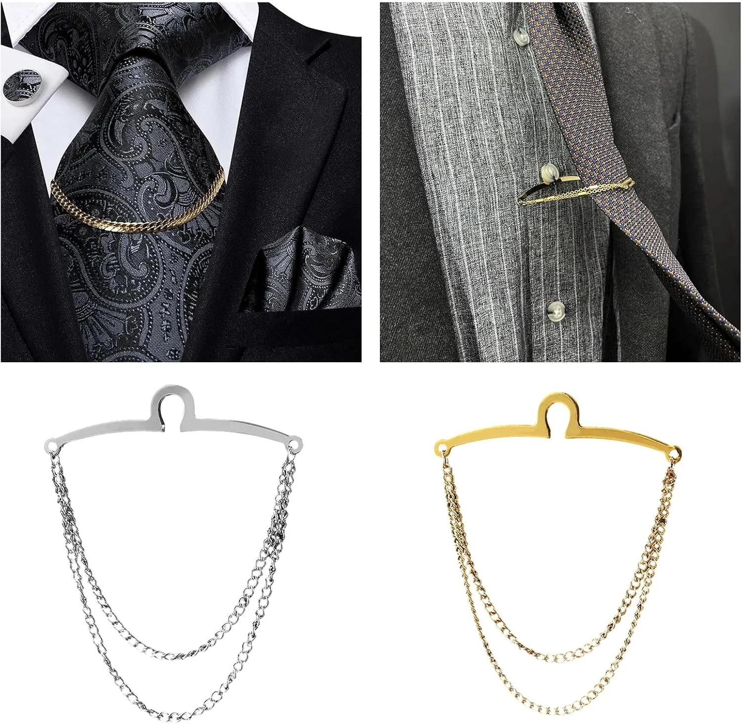 NUEAYMS Men Tie Chain Double Chains Shirt Blouses Necktie Link Chain Buckle Metal Tie Clips Business Wedding Accessories
