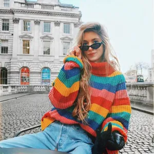 Oversized Sweater Rainbow turtleneck sweaters women winter