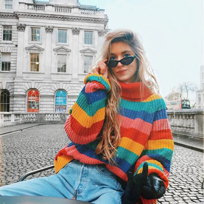 Oversized Sweater Rainbow turtleneck sweaters women winter