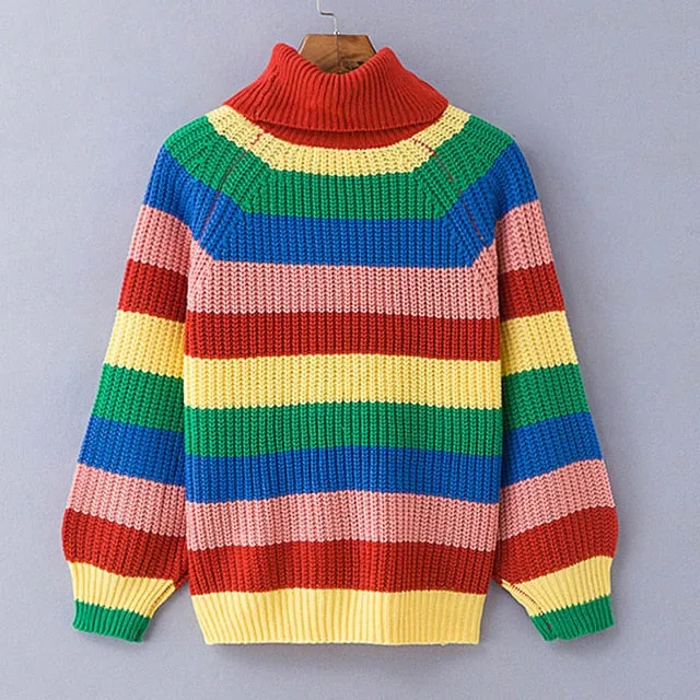 Oversized Sweater Rainbow turtleneck sweaters women winter