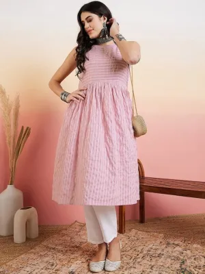 Pink & white Striped A-Line Kurta with Trousers