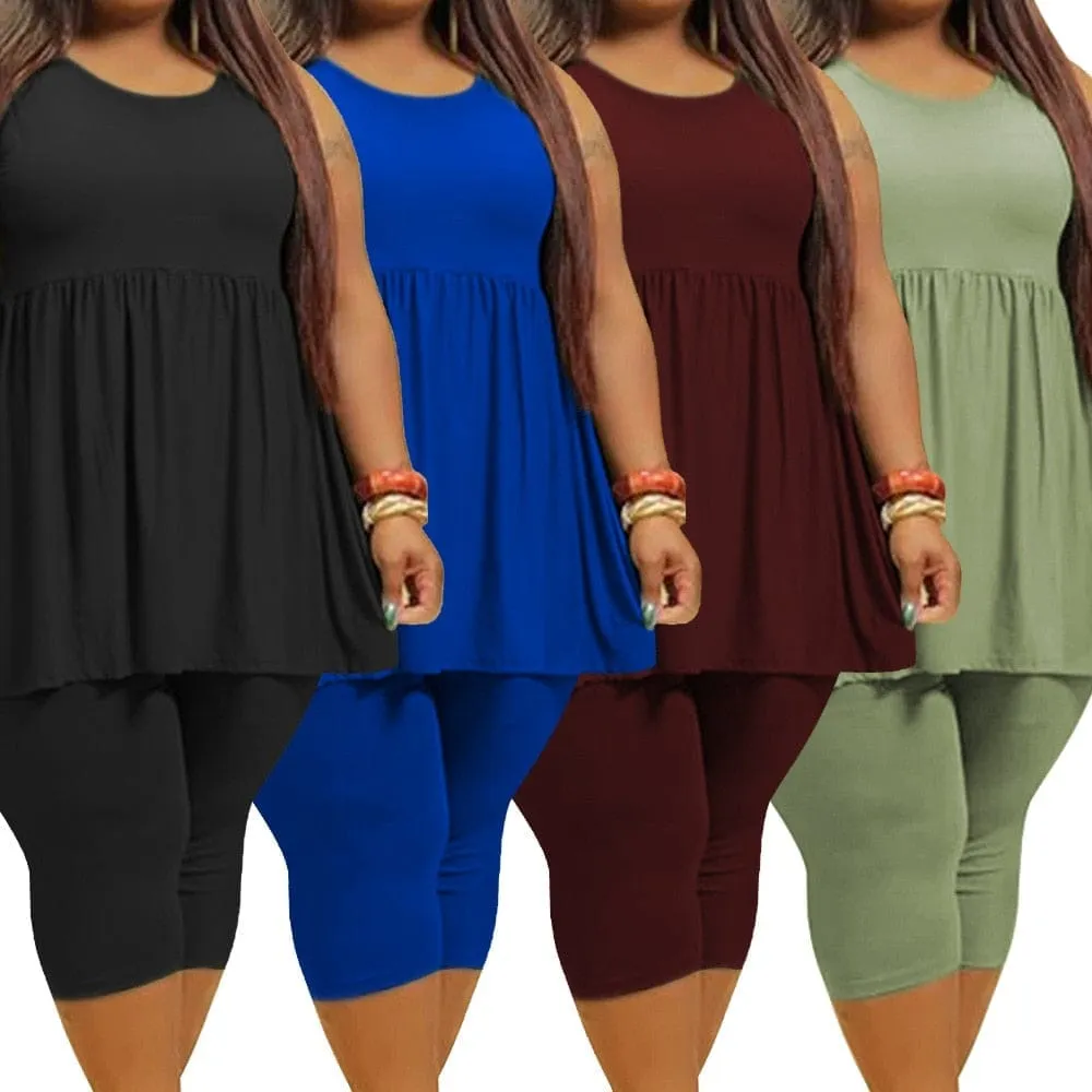 Plus Size Fashion Summer Outfits Crew Neck Tank Top and Shorts