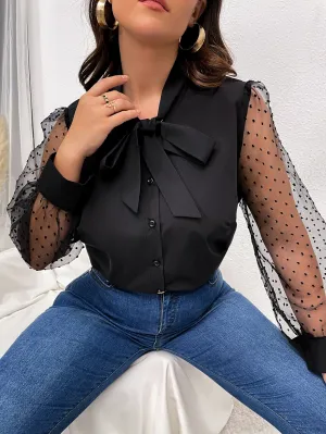 Polka Dot Button Front Long Sleeve Tie Neck Regular Plus Size Blouse