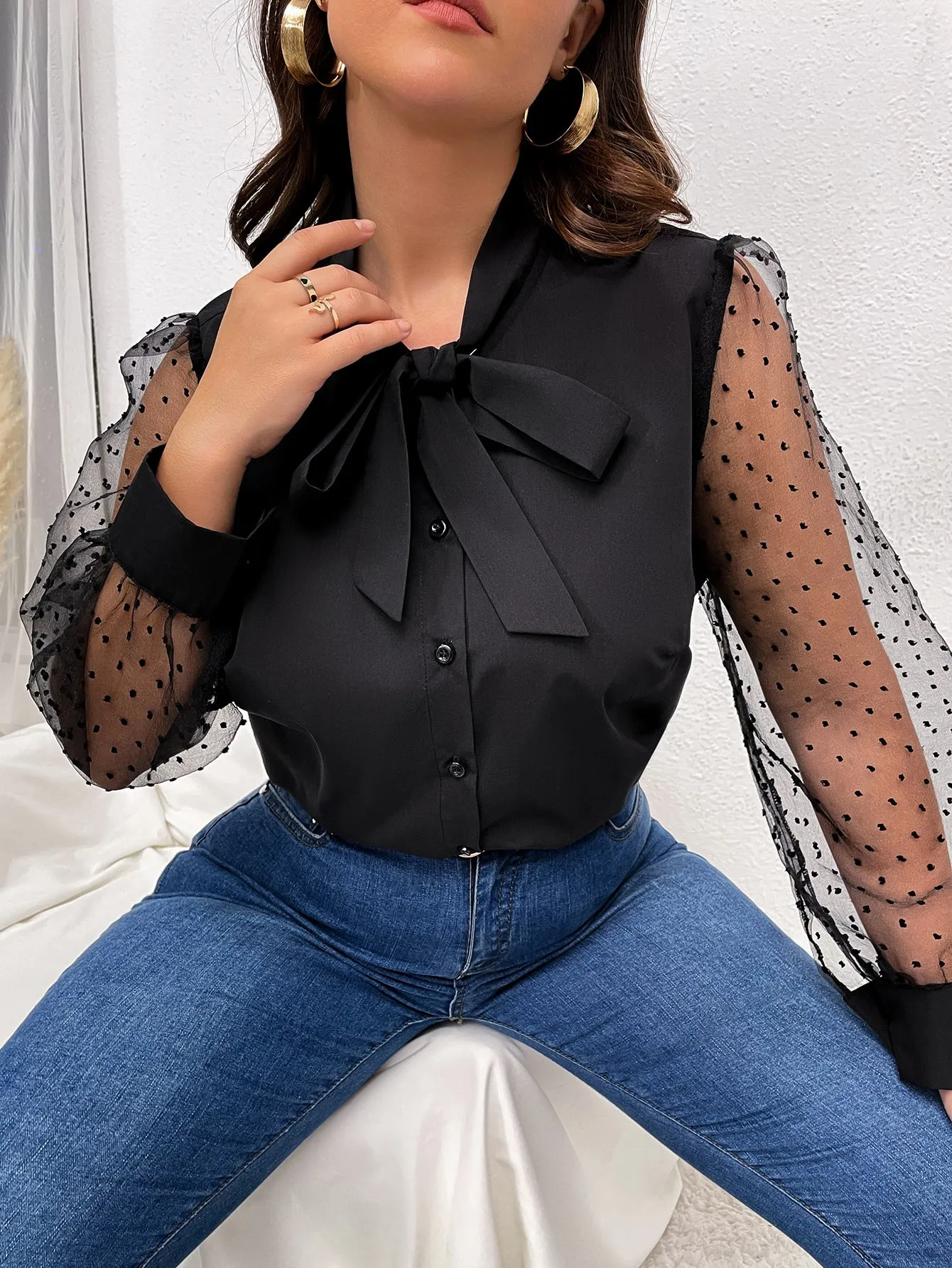 Polka Dot Button Front Long Sleeve Tie Neck Regular Plus Size Blouse
