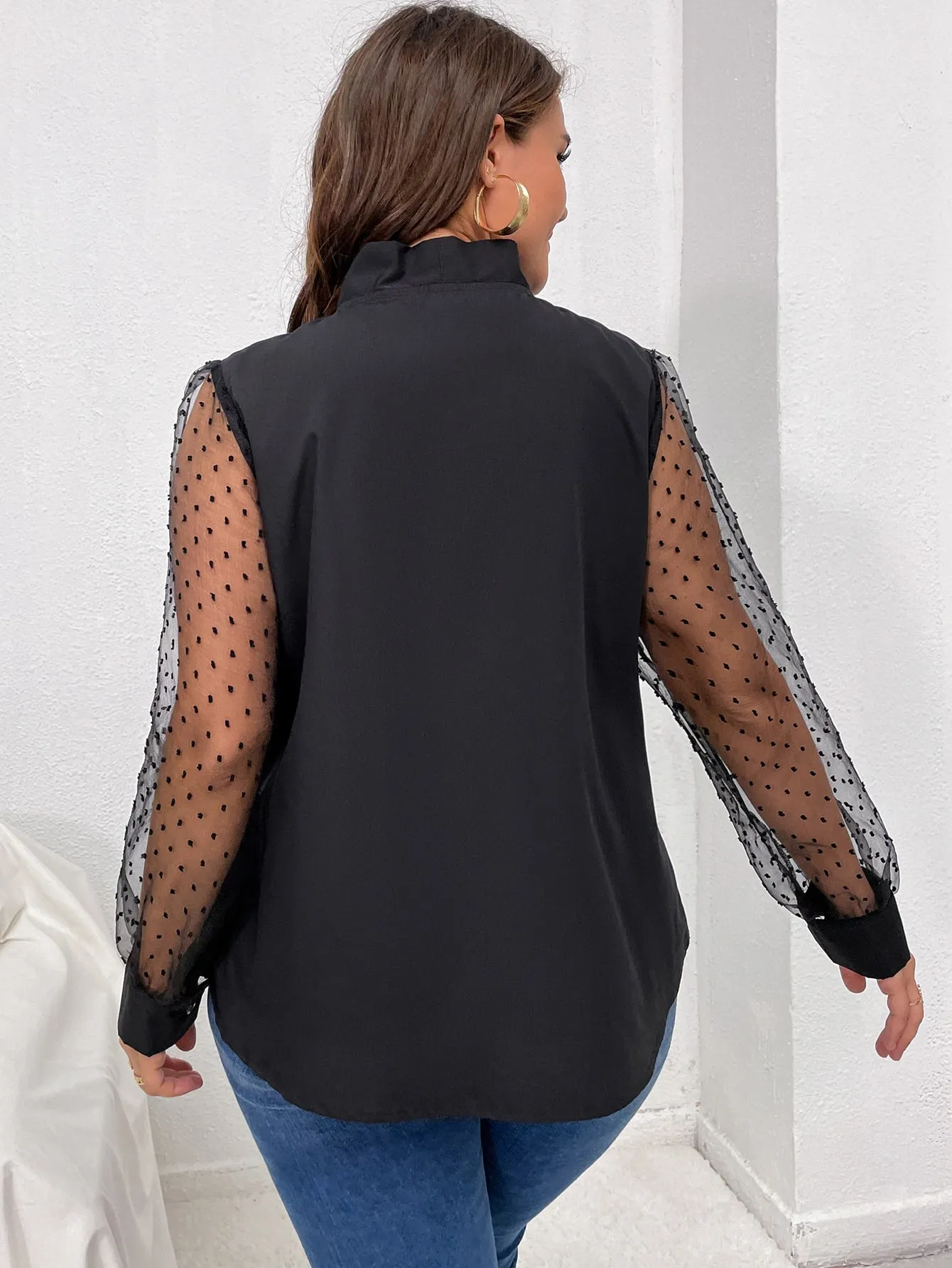 Polka Dot Button Front Long Sleeve Tie Neck Regular Plus Size Blouse