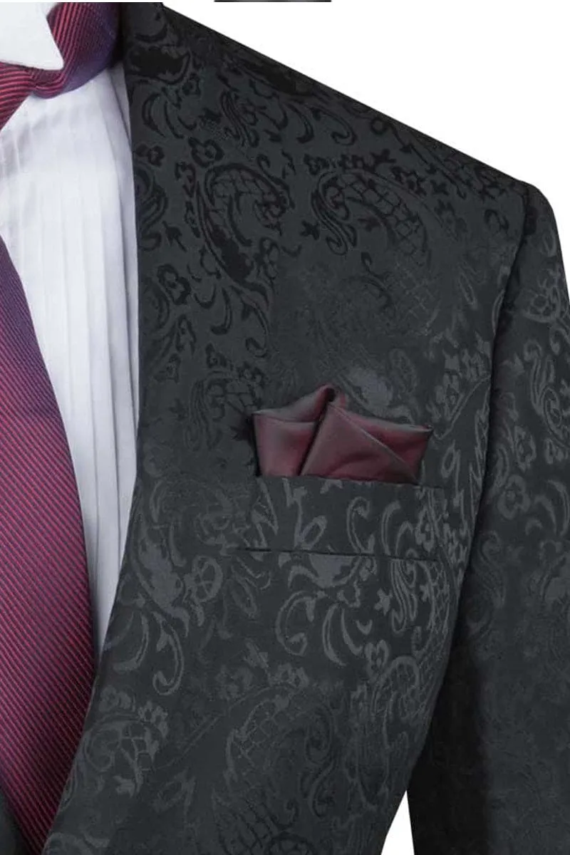 "Black Men's Slim Fit Paisley Wedding & Prom 2025 Suit - Shiny Finish"
