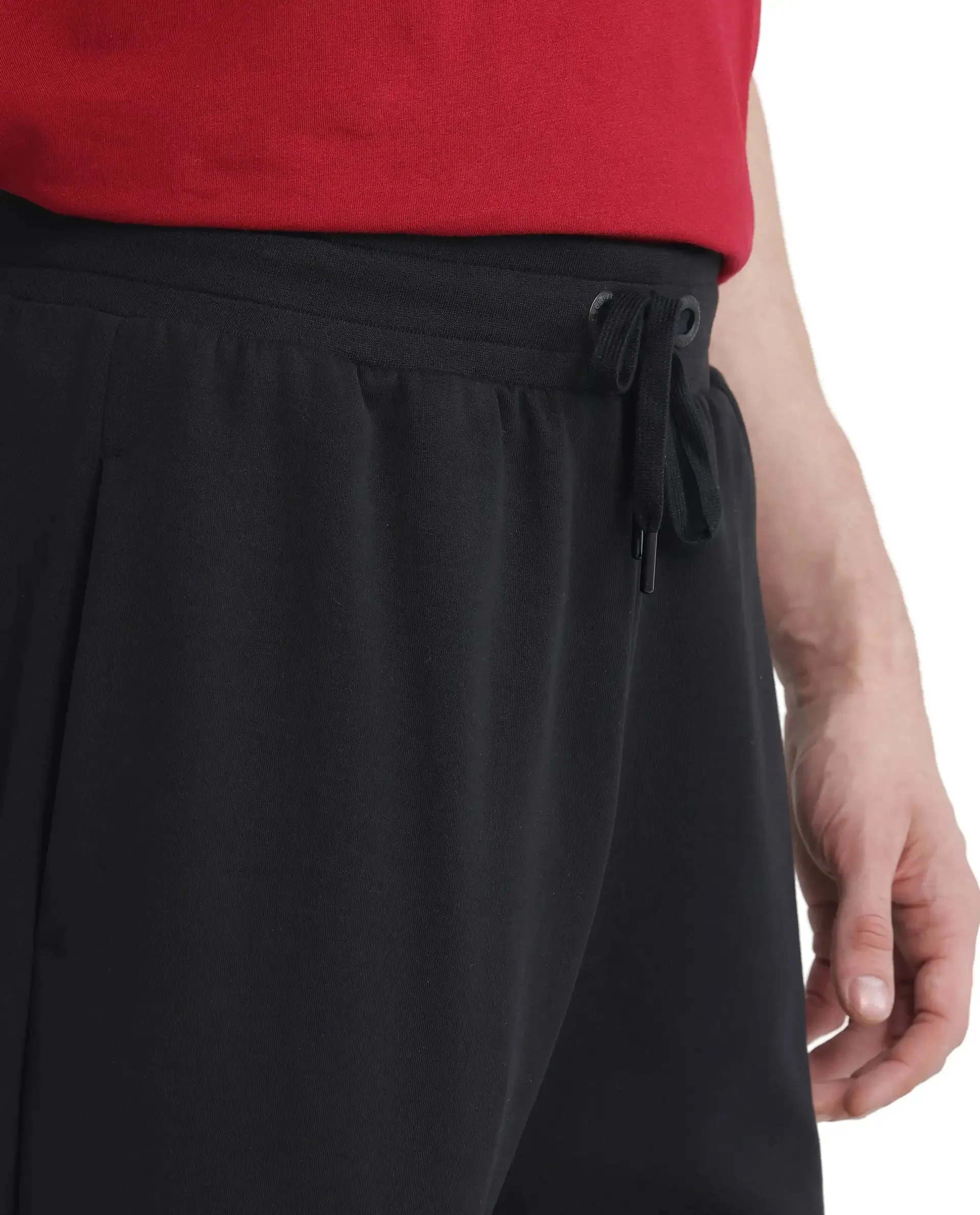 Rare Rabbit Men Dalton Black Cotton Elastane Fabric Baggy Fit Drawstring Closure Plain Trouser