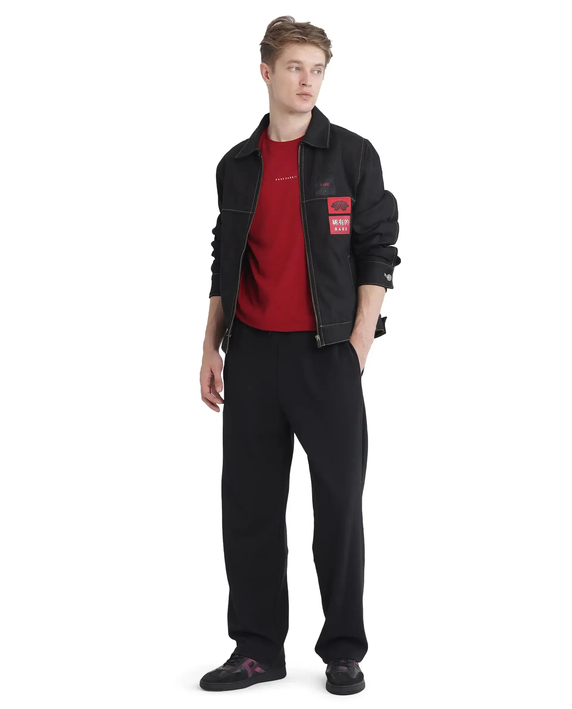 Rare Rabbit Men Dalton Black Cotton Elastane Fabric Baggy Fit Drawstring Closure Plain Trouser