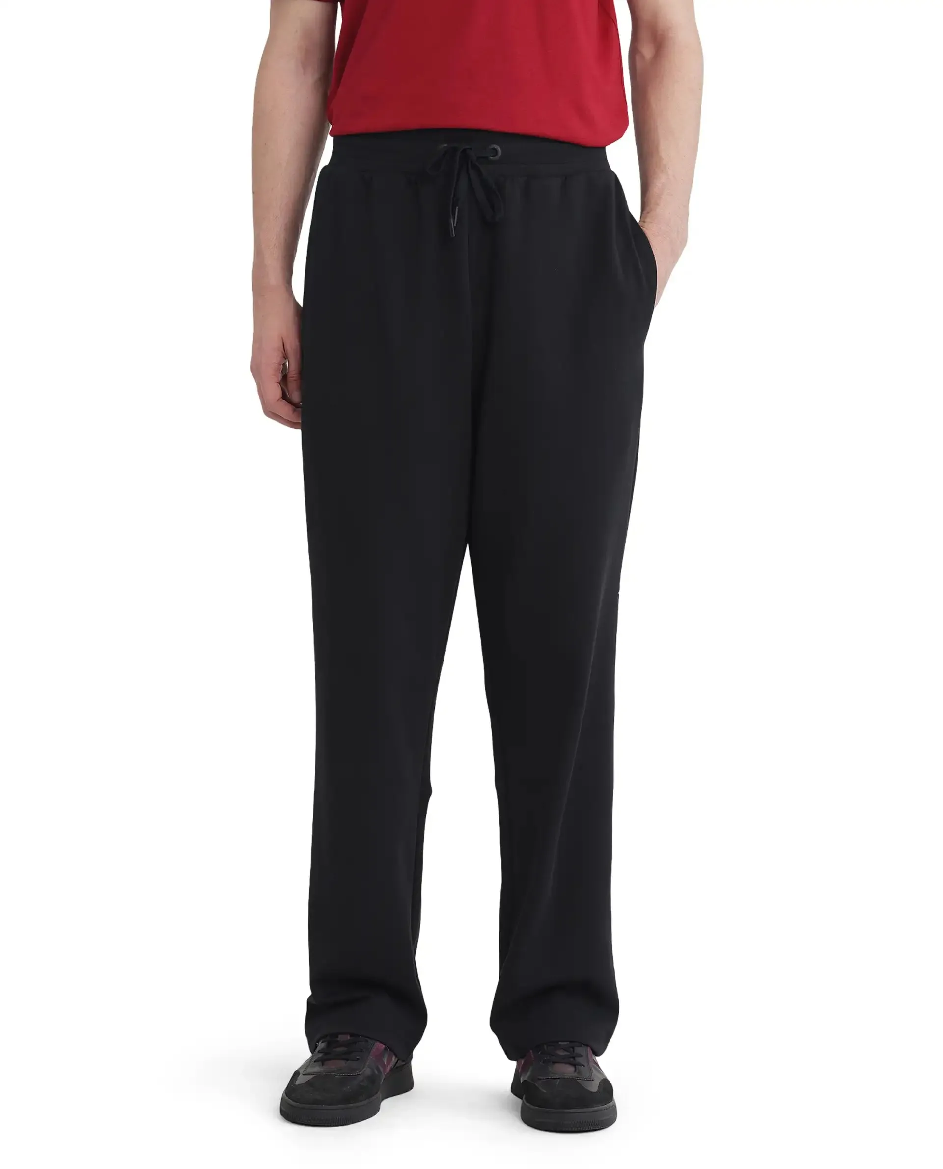 Rare Rabbit Men Dalton Black Cotton Elastane Fabric Baggy Fit Drawstring Closure Plain Trouser