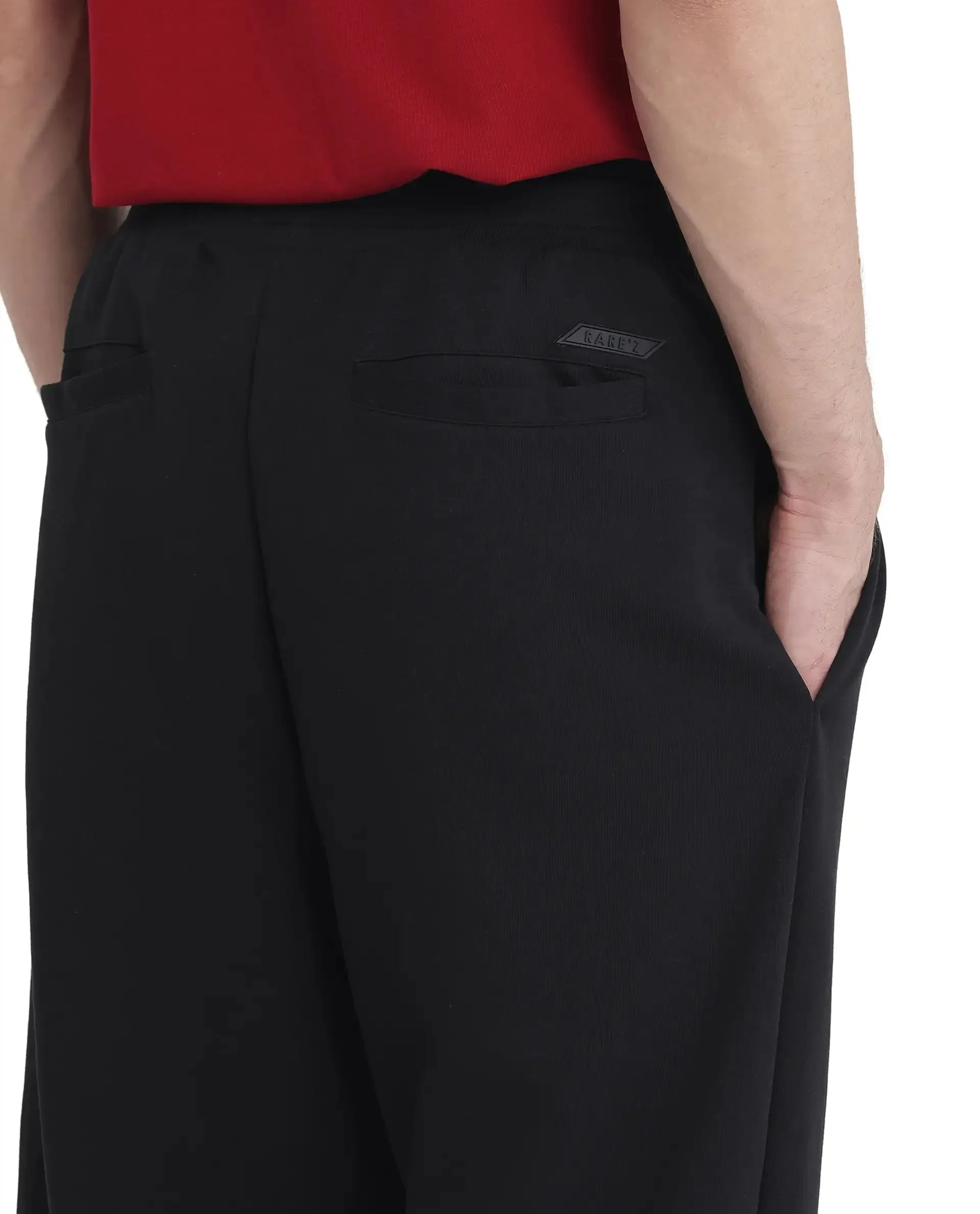 Rare Rabbit Men Dalton Black Cotton Elastane Fabric Baggy Fit Drawstring Closure Plain Trouser