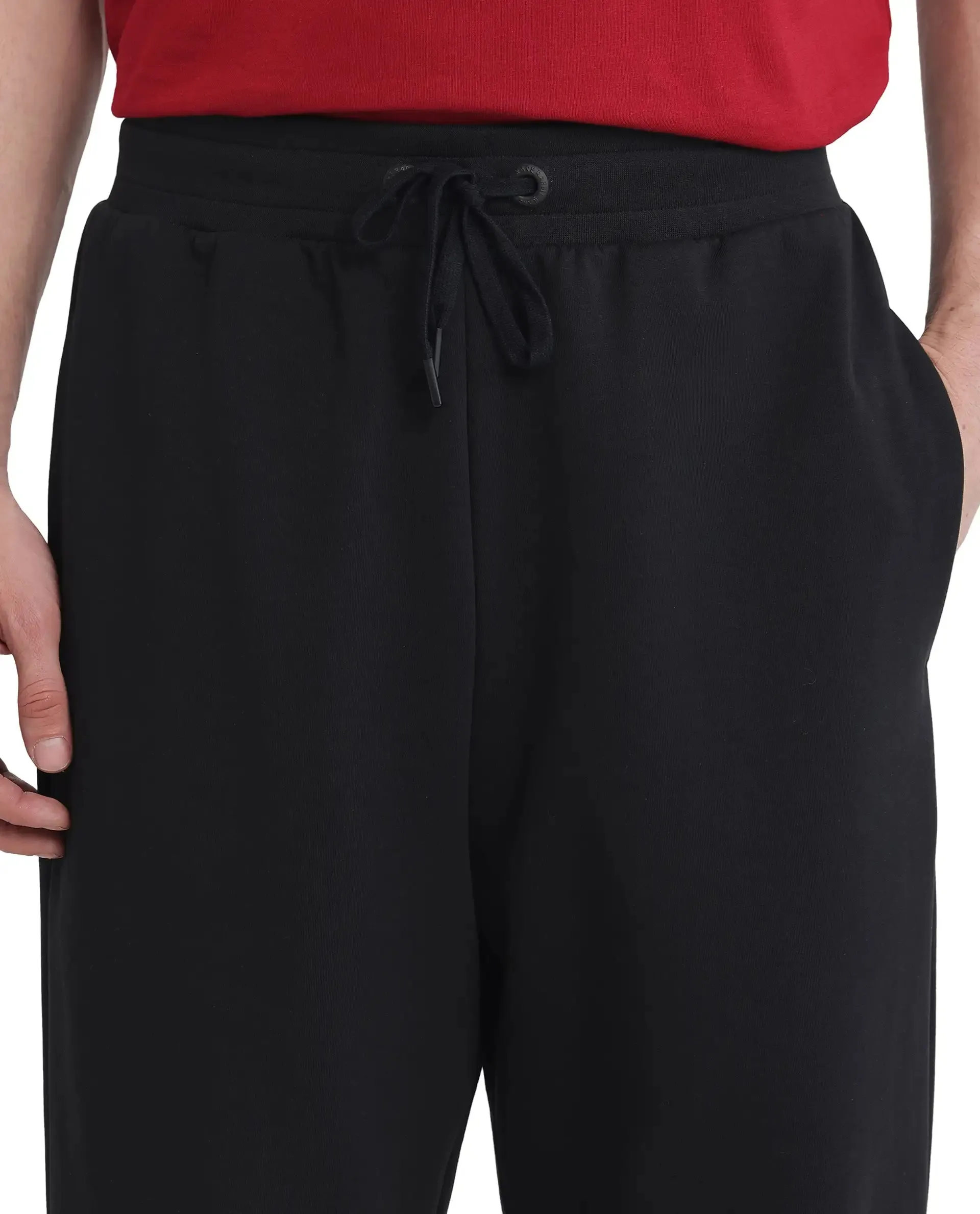 Rare Rabbit Men Dalton Black Cotton Elastane Fabric Baggy Fit Drawstring Closure Plain Trouser