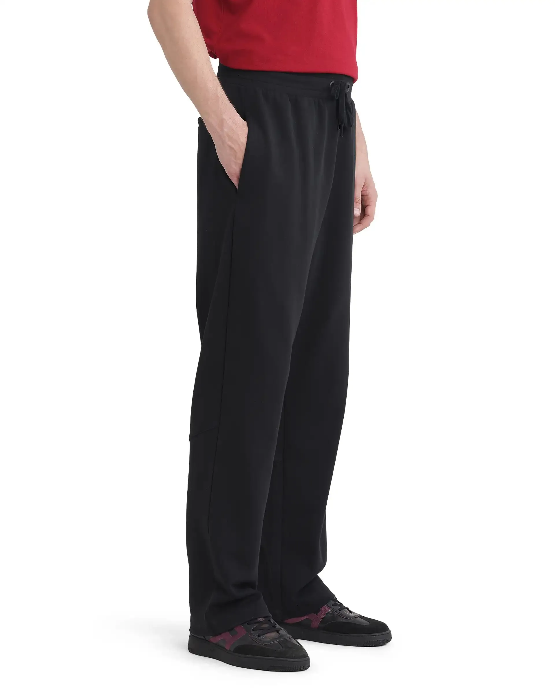 Rare Rabbit Men Dalton Black Cotton Elastane Fabric Baggy Fit Drawstring Closure Plain Trouser