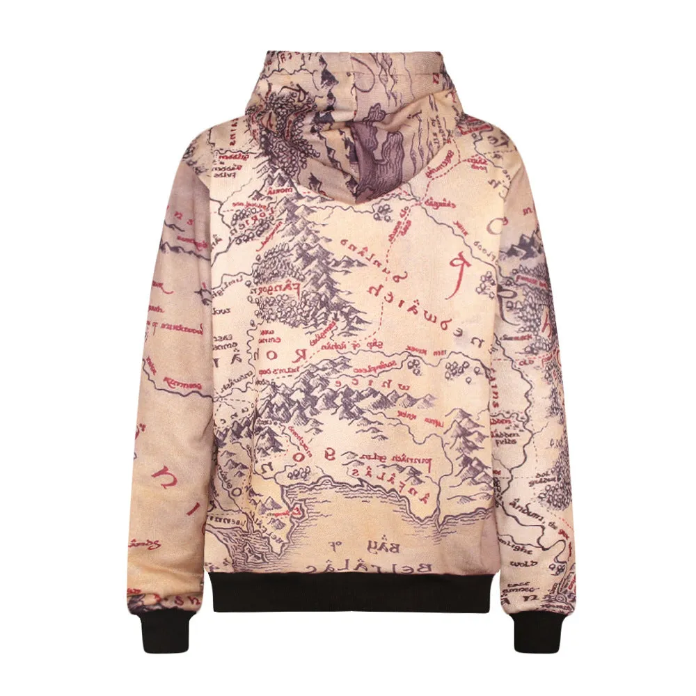 Retro Map Print Drawstring Regular Hoodie