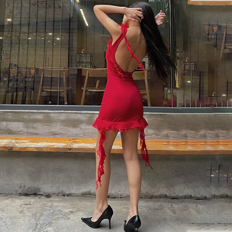 Ruffle Hem Sexy Backless Chiffon Dress