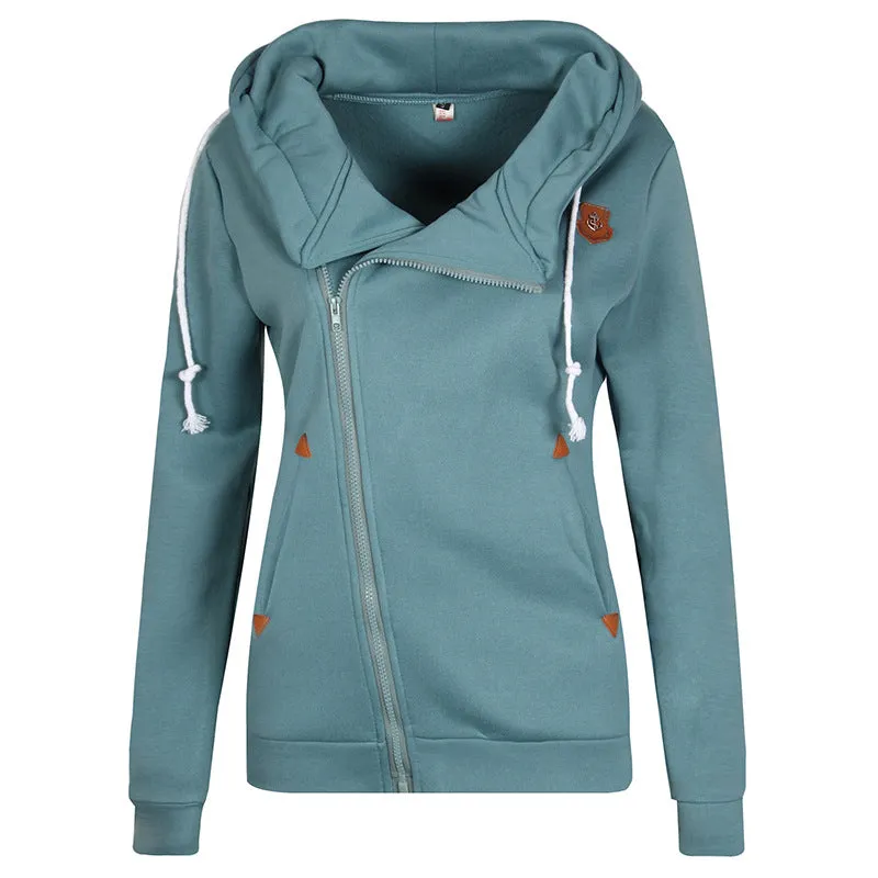 Solid Color Zipper High Neck Drawstring Slim Hoodie Coat