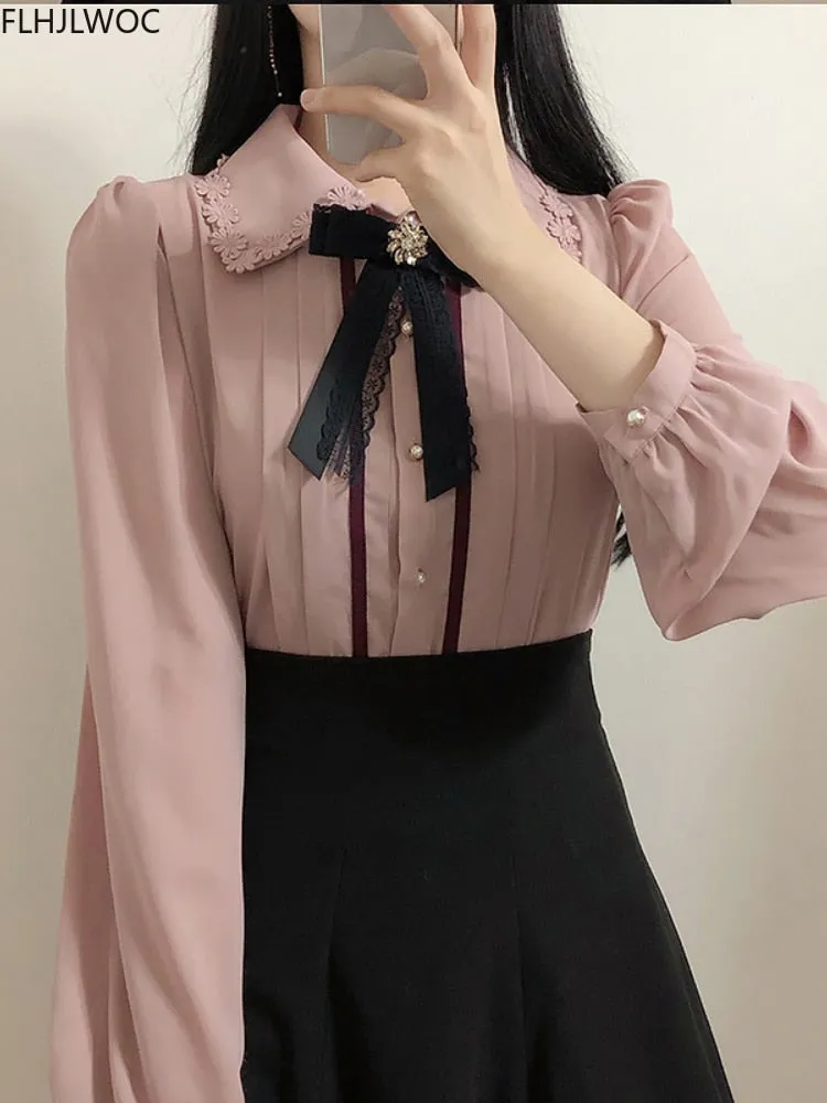 Spring Women&#39;s Cute Tops Preppy Style Vintage Japaneses Korea Design Button Elegant Formal Shirts Blouses Pink White 12020