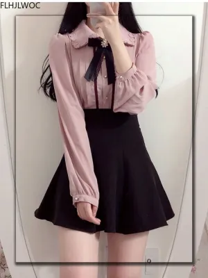 Spring Women&#39;s Cute Tops Preppy Style Vintage Japaneses Korea Design Button Elegant Formal Shirts Blouses Pink White 12020