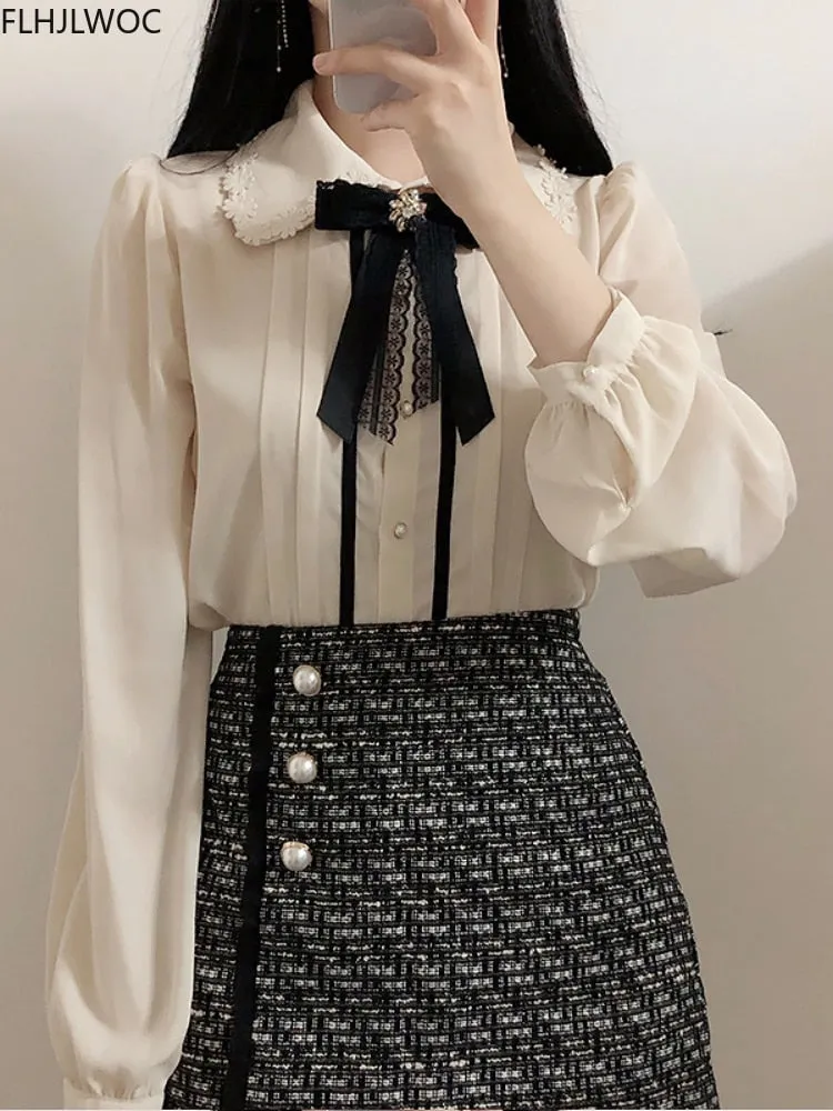 Spring Women&#39;s Cute Tops Preppy Style Vintage Japaneses Korea Design Button Elegant Formal Shirts Blouses Pink White 12020