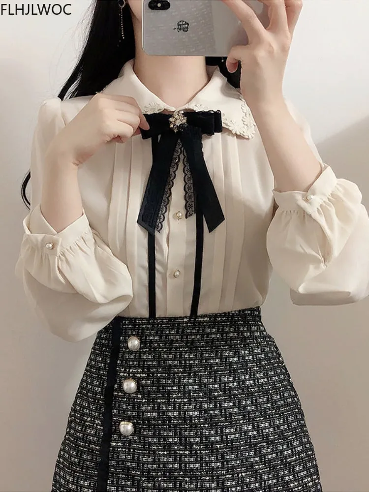 Spring Women&#39;s Cute Tops Preppy Style Vintage Japaneses Korea Design Button Elegant Formal Shirts Blouses Pink White 12020