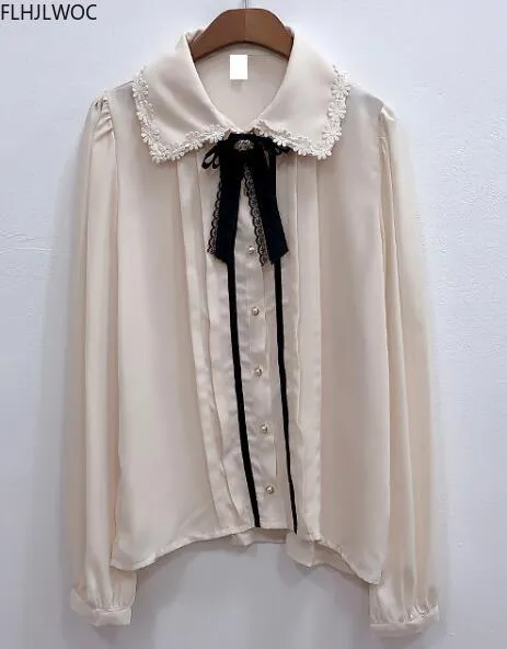 Spring Women&#39;s Cute Tops Preppy Style Vintage Japaneses Korea Design Button Elegant Formal Shirts Blouses Pink White 12020