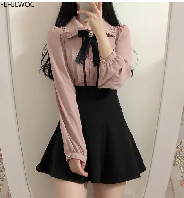 Spring Women&#39;s Cute Tops Preppy Style Vintage Japaneses Korea Design Button Elegant Formal Shirts Blouses Pink White 12020