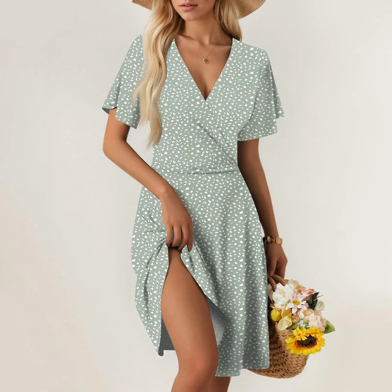 Summer Dresses for Women 2025 Casual Sun Dresses Short Sleeve v Neck Beach Vacation midi Dresses with Pockets