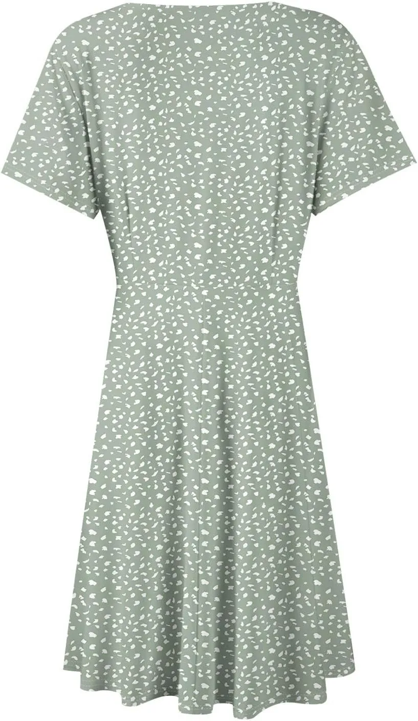 Summer Dresses for Women 2025 Casual Sun Dresses Short Sleeve v Neck Beach Vacation midi Dresses with Pockets