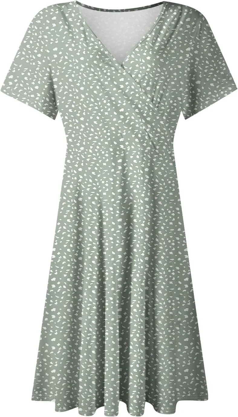 Summer Dresses for Women 2025 Casual Sun Dresses Short Sleeve v Neck Beach Vacation midi Dresses with Pockets