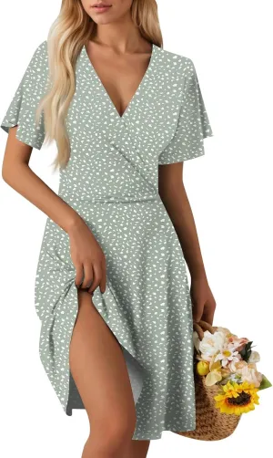 Summer Dresses for Women 2025 Casual Sun Dresses Short Sleeve v Neck Beach Vacation midi Dresses with Pockets